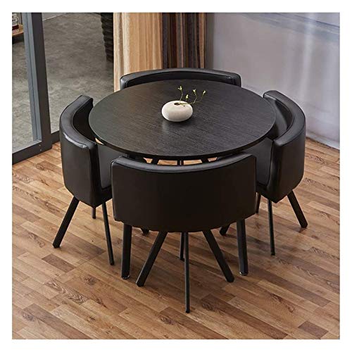 TONZN Juego de Mesa y sillas de Oficina, Mesa de Comedor de Negocios, Mesa de Comedor y sillas, Juego de 5 mesas de Ocio de Cocina, Mesa Redonda de Madera Maciza de 90 cm, Asiento de Cuero Moderno