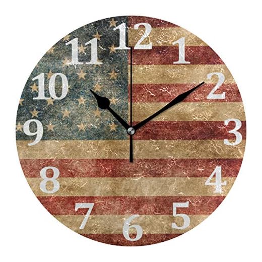 American Flag Wall Clock, 10 Inch, Vintage Patriotic Silent Non Ticking Battery Operated Accurate Arabic Numerals Design, Independence Day Decorative for Home Kitchen Living Room Bedroom