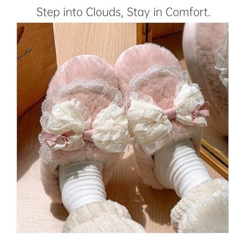 Warm & Fluffy Slippers, Bow & Lace-Adorned Easy On-Off, Indoor Outdoor Autumn Winter Use, Adorable Cute Comfy2