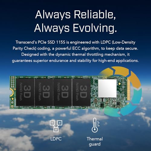 Image of Transcend MTE115 M.2 2280 SSD 2TB, Up to 3,200 MB /s, Compatible w /Ultrabook Laptop PC Desktop, PCIe NVMe Gen3x4 SSD, 3D TLC NAND Flash Internal Solid State Drive, LDPC /Error Correction ECC /SLC Cache