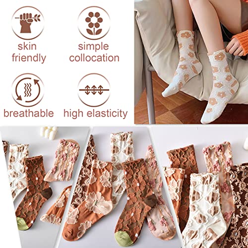 5 Pack Cute Womens Floral Socks, Vintage Embroidered Frilly Floral Ankle Cotton Cottagecore Socks3