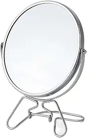Espelho de Maquiagem Dupla Face Rotação 360° Base Estável Aumento 5x Estrutura Metal Portátil (14cm)