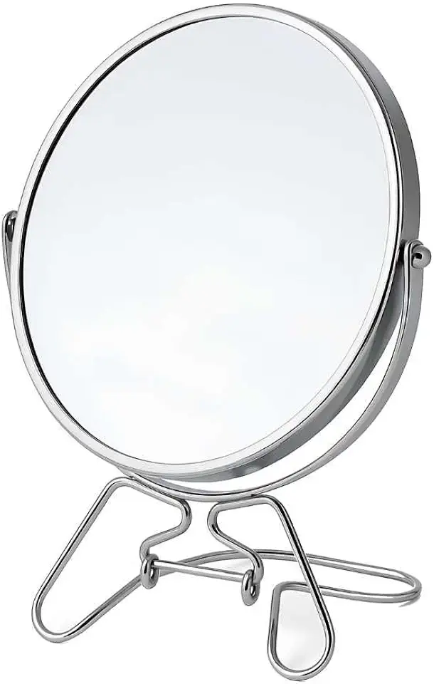 Espelho de Maquiagem Dupla Face Rotação 360° Base Estável Aumento 5x Estrutura Metal Portátil (14cm)