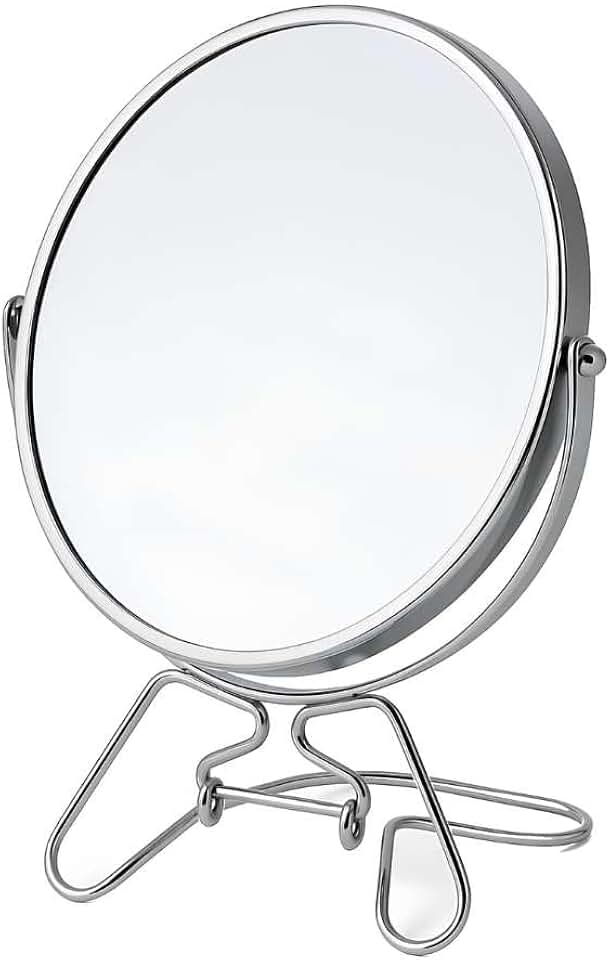 Espelho de Maquiagem Dupla Face Rotação 360° Base Estável Aumento 5x Estrutura Metal Portátil (14cm)