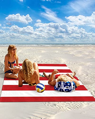 Oversized 95”X80” Outdoor Beach Blanket Picnic Blankets, White And Red Stripes Sandproof Waterproof Foldable Beach Blankets For Camping, Grass, Beach With Family/Friends/Kids Simple Decor #TOP1