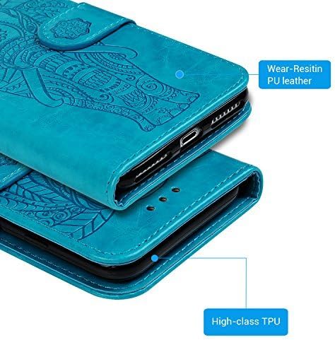 Compatible with iPhone 8 Plus Case, iPhone 7 Plus Case PU Leather Wallet Case Oil Wax Embossed Elephant TPU Inner Detachable Magnetic Credit Card Holders for iPhone 7 Plus & iPhone 8 Plus Blue