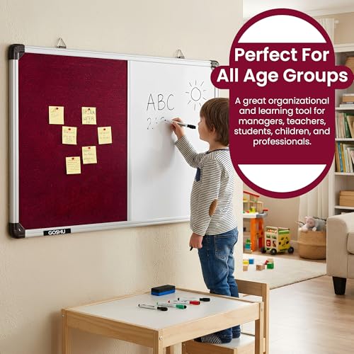 Image of GOSHU Combination 60 cm x41 cm Non Magnetic White Board with Maroon Pin-up Notice Board Includes 1 Duster, 1 Marker and 50 Push up pins for Home, Office & School (Maroon, 60x41 cm, Pack of 4 Items)