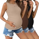 Ekouaer Maternity Tank Tops Crew Neck Pregnancy Clothes Sleeveless Ribbed Shirts Ruched Side Black/Brown/Beige M