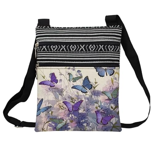 Purple Butterfly Messenger Bag Small Ethnic Pattern Printed Adjustable Strap Crossbody Zipper Bag Purple Butterfly Phone Bag Wallet Cute Shoulder Handbag for Butterfly Lovers Women