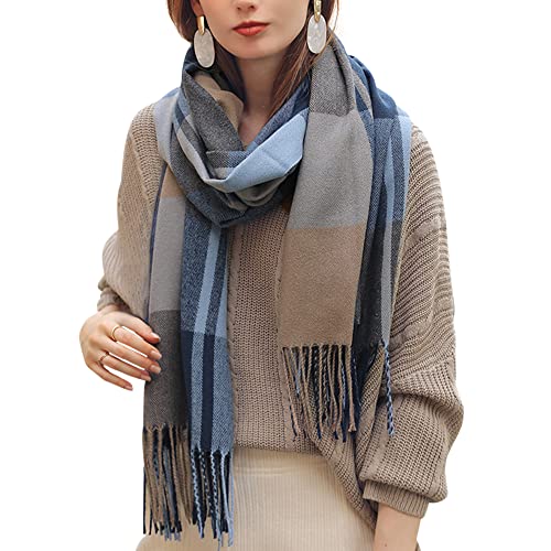 Mujer Bufanda de Imitación de Cachemira Bufanda Tejida Clásica Grande a Cuadros Bufanda Larga Chal con Flecos Elegante Bufanda Cálido Suave Confort para Otoño Invierno 65×185cm - Gris Azul Cover