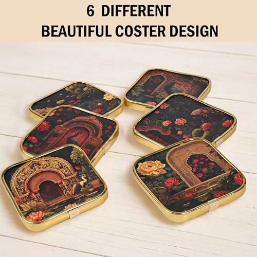 Image of Rousrie Stylist Modern Wooden Coasters with Golden Border | Set of 6 | Stand Included Premium Handmade Coaster for Tea Cups, Coffee Mugs, Beer Mugs, 10 by 10 cm (Rajasthani Pattern)