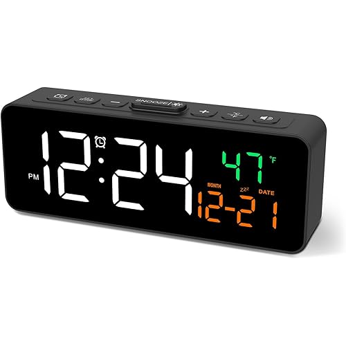 Netzu 3-in-1 Digital Clocks for Living Room with Temperature, Date & Time Display - 4 Levels Birghtness, 3 Volumes, Small & Compact Plug-in Alarm Clock for Bedroom, Office (Black)
