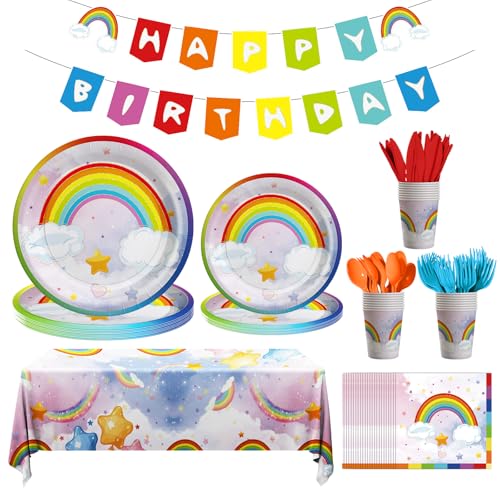 Cecnamt Rainbow Birthday Decorations, 170 Pcs Rainbow Party Decorations Including Banner, Plates, Cups, Napkins, Cutlery and Tablecloths, Serves 24