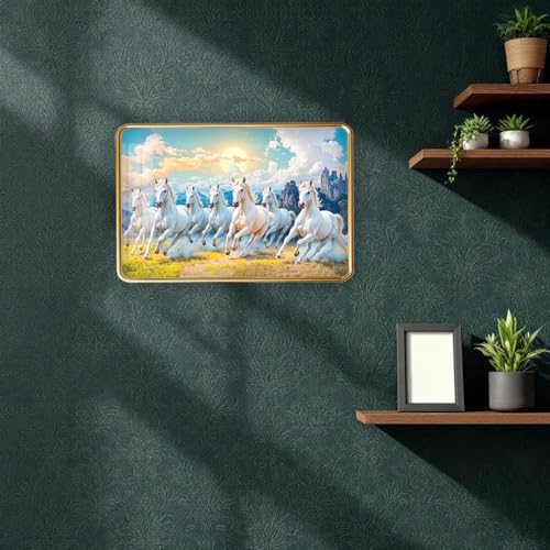Image of Dharvika Innovations 7 Running Horses Photo Frame, Ultra High Gloss Lamination, Vastu Painting for Living Room, Office, 12x18 Inch (Design 16)