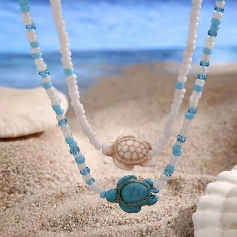 Colorful Beaded Choker Necklace for Women Bohemian Starfish Turtle Shell Layered Necklace Handmade Adjustable Colorful Rice Beads Charm Choker Necklace Boho Beach Summer Ocean Hawaii Jewelry - Image 3