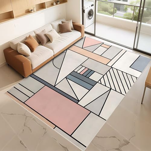 Tapis salon motif géométrique moderne gris rose grand format