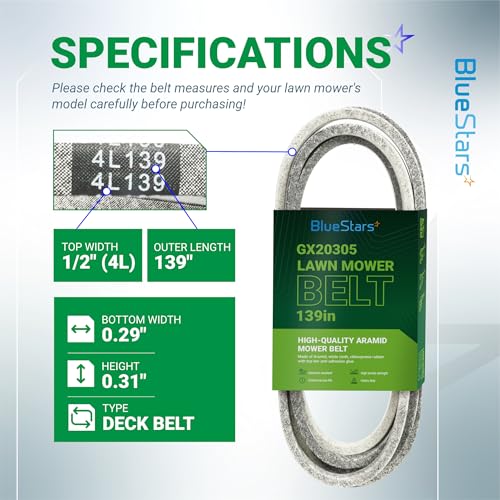 Image of BlueStars GX20305 Mower Deck Belt | Aramid Cord | 1 /2 inch x 139 inch | Deck Belt for 48-inch Deck John Deere L130 L120 Scotts L2548 L2048 Mowers - Replaces GY20571