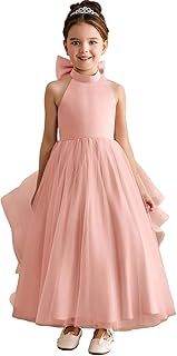 Tulle Halter Junior Bridesmaid Dresses with Train Tiered A-line Lower Girl Dress for Wedding Pageant Dresses with Bow