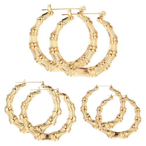 6 PCS Large Gold Bamboo Hoop Earrings Bamboos Earring for Women Hip Hop Woman Bamboo Earrings 80s 90s Door Knocker Earring Oversized Metal Hoops Chunky Gold Hoop Rapper Accessories Jewelry