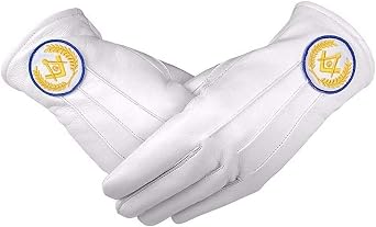 Masonic White Soft Leather Gloves Square Compass & G Yellow Blue