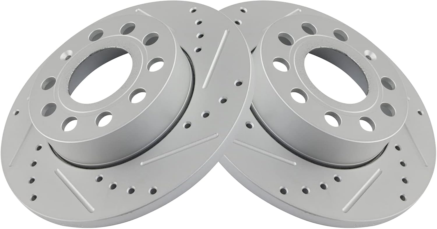 TRQ Rear Performance Brake Rotors Set Premium G-Coated Cross Drilled & Slotted Compatible with 2008-2013 Audi A3 A3 Quattro 2010 Volkswagen Golf 2005-2010 Jetta 2006-2009 Rabbit