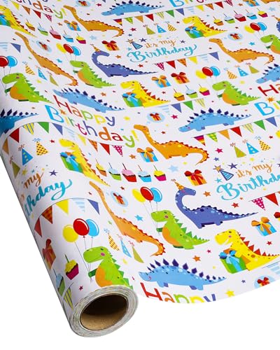 Dinosaurs Wrapping Paper Roll 17 inch X 10 ft Mini Roll Happy Birthday Wrapping Paper Rolls for Boys Girls Kids Cute Colorful Dino Gift Wrap Paper for Bday Party Holiday Baby Showers Christmas