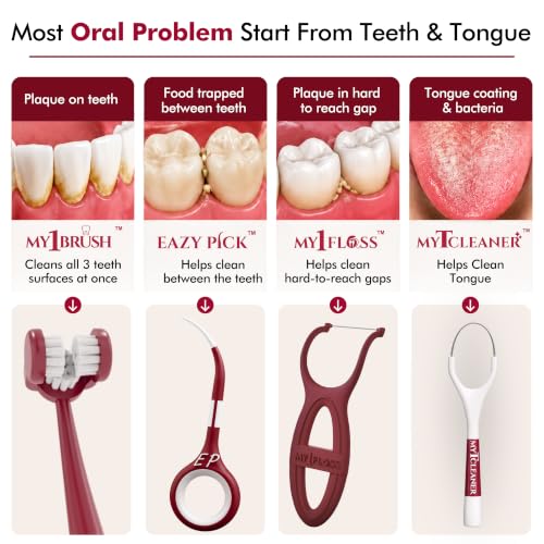 Image of MyOrl Care Dental Care Kit | Combo Pack of Ultra Soft Bristle Toothbrush, Dental Floss, Stainless Steel Tongue Cleaner & Interdental Toothpick | Daily Oral Care | All-in-One Pack (Maroon)