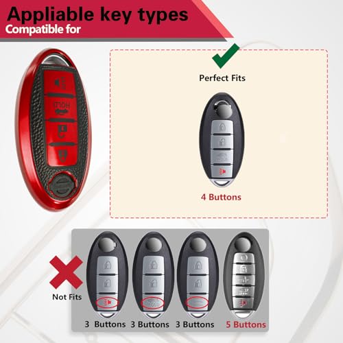 Image of for Nissan Key Fob Cover with Leather Keychain, Advanced Soft TPU Surface Grain Key Case for Nissan Key Shell (4 Button only) (Red, Leather Buckle)