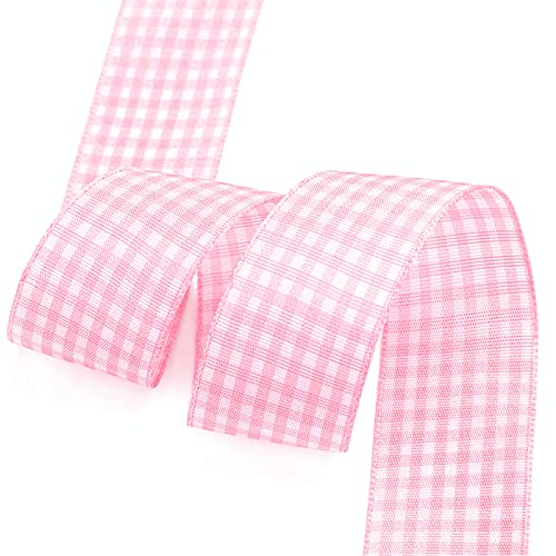 Viviquen Gingham Ribbon Checkered Ribbon 1-Inch Wide Taffeta Plaid Ribbon 25 Yard Long 100% Polyester Woven Edge (Baby Pink, 1 Inch) #TOP1