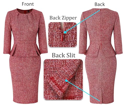 Image of VFSHOW Womens Pleated Crew Neck Peplum Slim Work Business Dress Elegant 3 /4 Sleeves Office Church Bodycon Pencil Sheath Dress