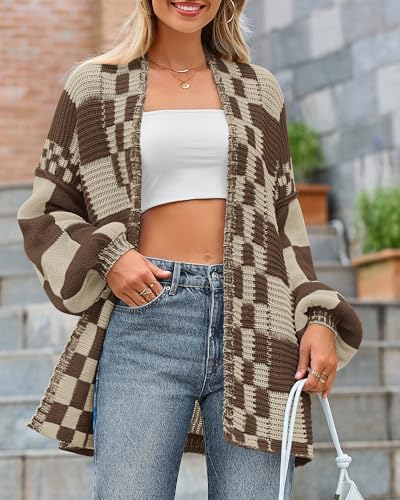 Image of BTFBM Casual Cardigan Sweater for Women Fall 2026 Long Sleeve Open Front Chunky Knit Sweaters Checkered Outwear Coat