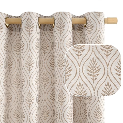 BGment Mocha Boho Leaf Linen Curtains 90 Inch 2 Panels，Farmhouse Decor