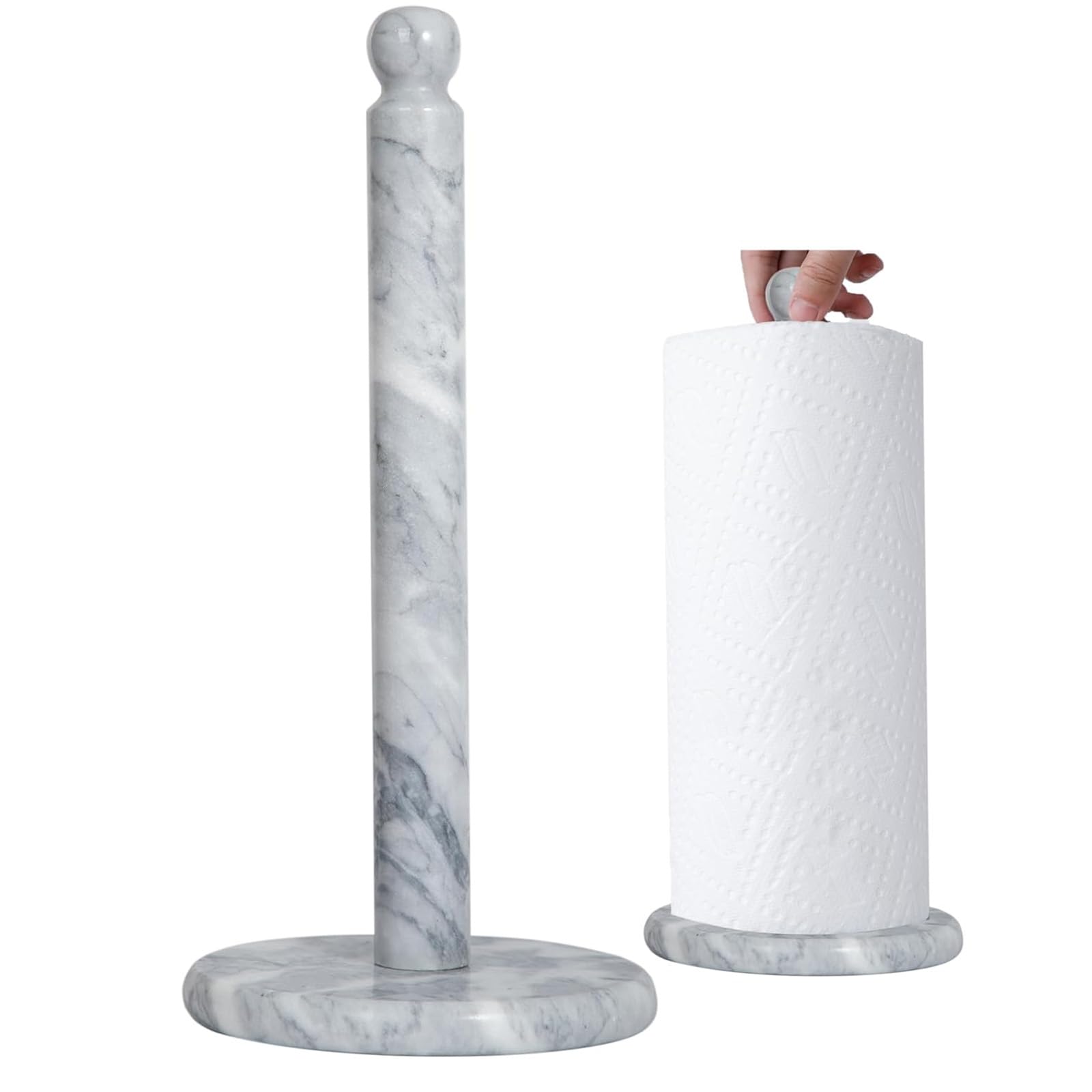 Photo 1 of [Marble stick broken] Natural Marble Paper Towel Holder for Kitchen Countertop - 2.6 lbs (1.2kg) Heavy Duty Weighted Base for One-Handed Tearing - Fits Jumbo Rolls - Elegant Modern Design with Ball Top - White & Grey