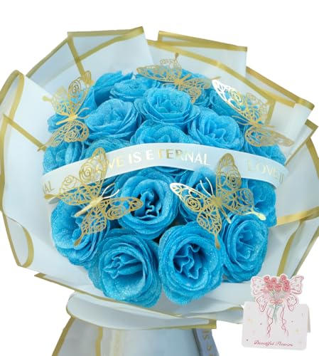 Greenke Mothers Day DIY Glitter Roses Bouquet Gift for Mom Artificial Rose Flowers Bouquet DIY Set -24pcs Light Blue Eternal Rose Flowers Set for Birthday Wedding Decoration Valentine Rose Gifts