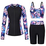 GRACE KARIN Traje de baño de 3 piezas para mujer, camiseta de protección contra erupciones integrada, manga larga, cremallera frontal, traje de baño para playa y surf, Flor rosa-azul, S