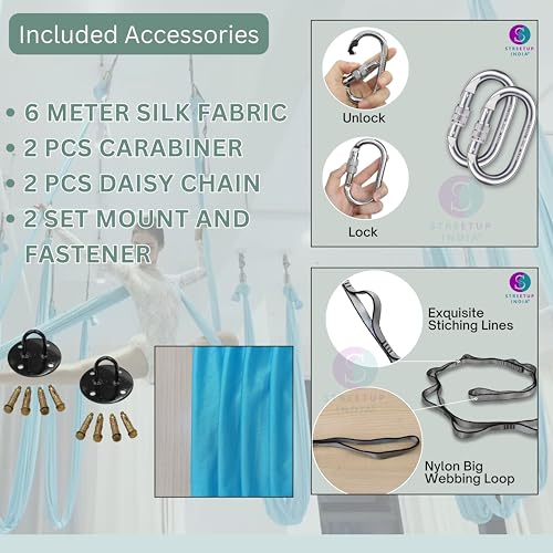 Image of Streetup India Silk Fabric Pro Aerial Swing /Yoga Hammock | 6 x 2.6 Mtrs Long Fabric | with Complete Kit