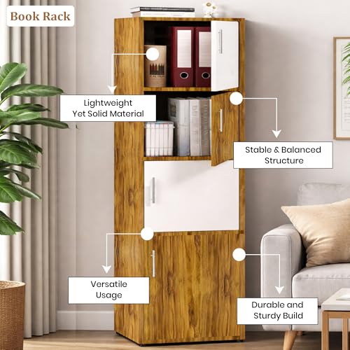 Image of Callas Wooden Book Rack | Multi-Compartment Storage Cabinet | Space-Saving Vertical Bookshelf with Doors | Durable & Sturdy Organizer for Home & Office (Walnut, 4 Tier)