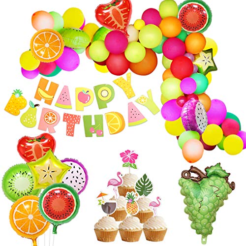 Preisvergleich Produktbild JOYMEMO Tutti Frutti Party Dekorationen Obst Ballon Arch Garland Kit fruchtigen Geburtstag Baby Shower Dekorationen alles Gute zum Geburtstag Banner für Sommer Tropical Luau Thema Party Supplies