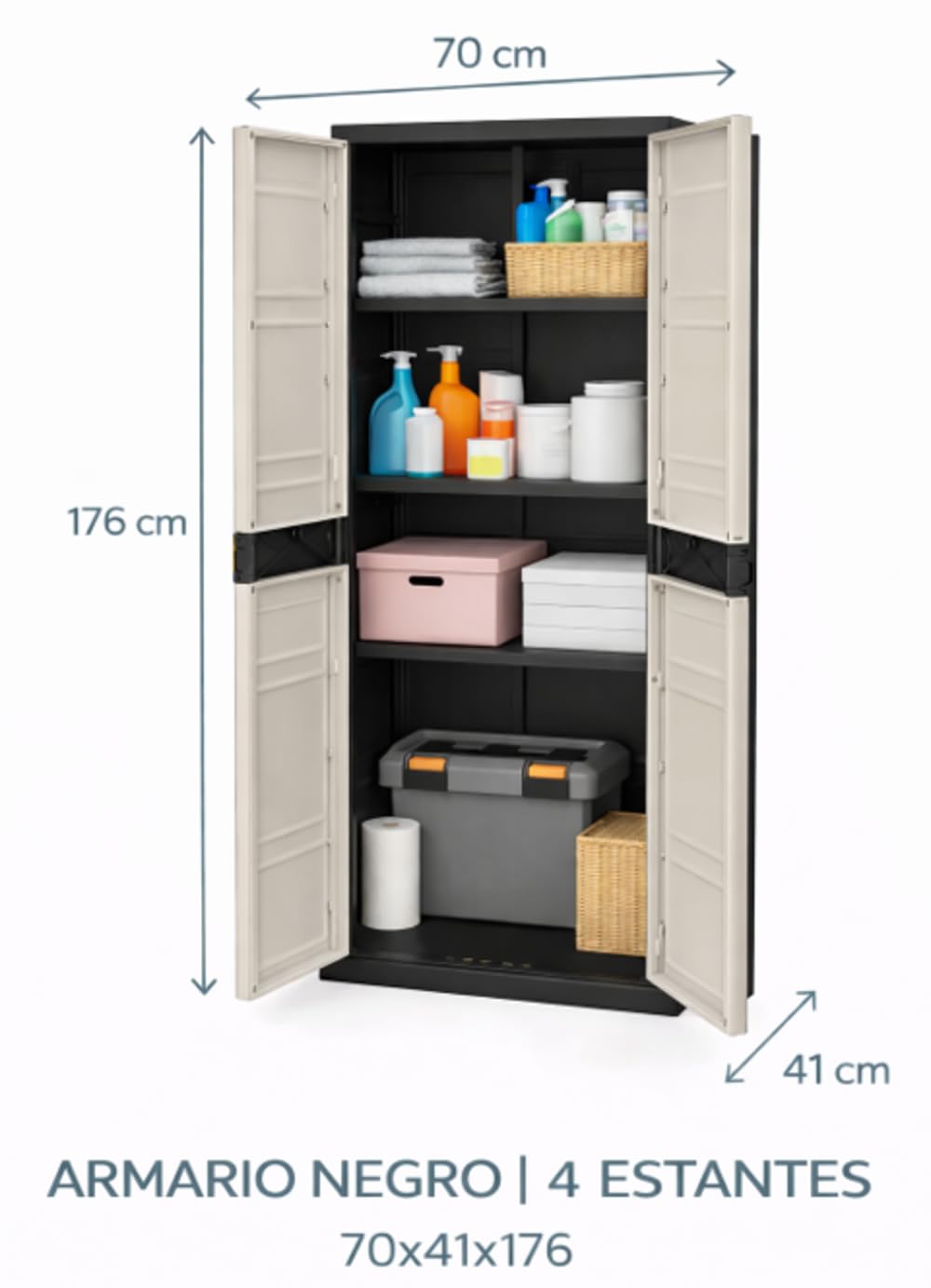 Recamania Armario de plástico, Beige y Negro, 2 Puertas, 4 baldas Regulables en Altura | Medidas: 176x70x41 cm