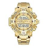 Multi-Function Sports Quartz Watch for Men Waterproof Military Wrist Digital Watches Stainless Steel Band M8024 (M8024 Gold)