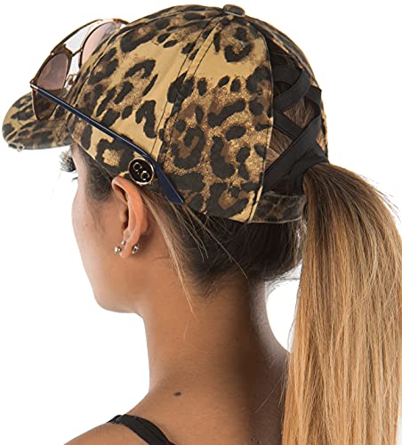 Criss Cross Ponytail Hat W/Buttons - Leopard #TOP6