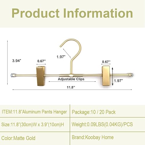Miniatura 2 de Perchas para pantalones cortos, paquete de 20 perchas para jeans para armario, perchas de aluminio dorado de 11.8 pulgadas con 2 clips ajustables