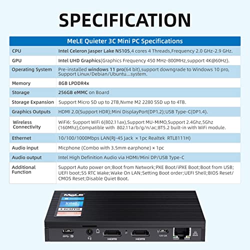 Image of MeLE Quieter3C Ultrathin Fanless Mini PC N5105 8GB LPDDR4x 256GB USB-C Micro PC 4K Triple Display WiFi 5 BT5.1 GbE Mini Desktop Computer Support M.2 SSD on Industrial IoT Digital Signage MES WMS NAS