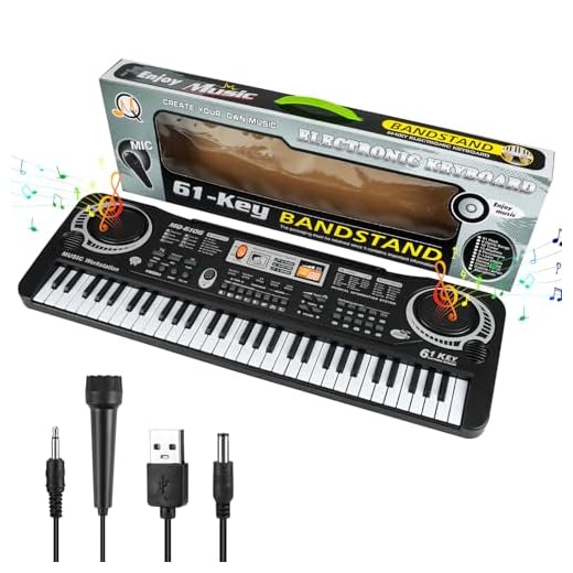 61 Key Piano Keyboard, Beginner Electronic Keyboard for Kids with Teaching Mode, 6 Demo Songs, 16 Tones, Microphone and Power Supply, Kids Piano Keyboard for Birthday Gift