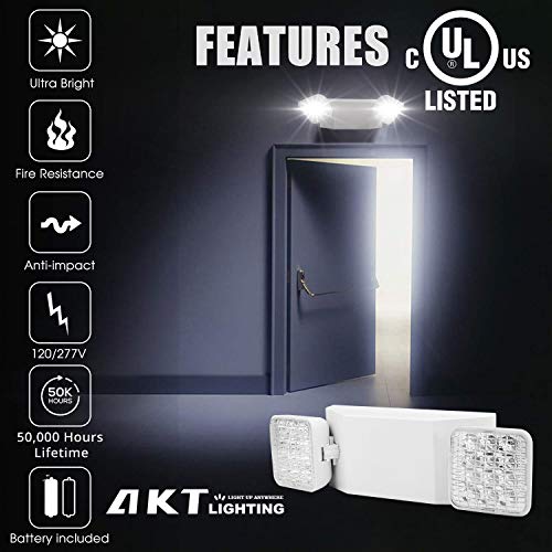 AKT LIGHTING Commercial Emergency Light, Back-up Battery Emergency Exit Lighting Fixtures with Adjustable Hardwired 2 LED Head Wall Mount White for Hallways/Stairways, UL Certified(6 Pack) - Image 3