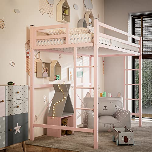 IKIFLY-Metal-Twin-Size-Loft-Bed-Frame-Heavy-Duty-Princess-Cute-Loft-Beds-with-2-Ladders-Safety-Guard-Rail-Space-Saving-Noise-Free-No-Box-Spring-Needed-Pink
