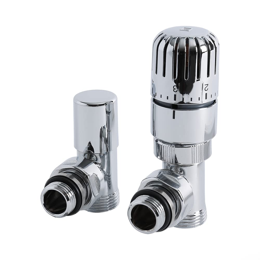 Milano Chrome Angled Thermostatic Heated Towel Rail Radiator Valves 15mm Copper Eurocone Adapter