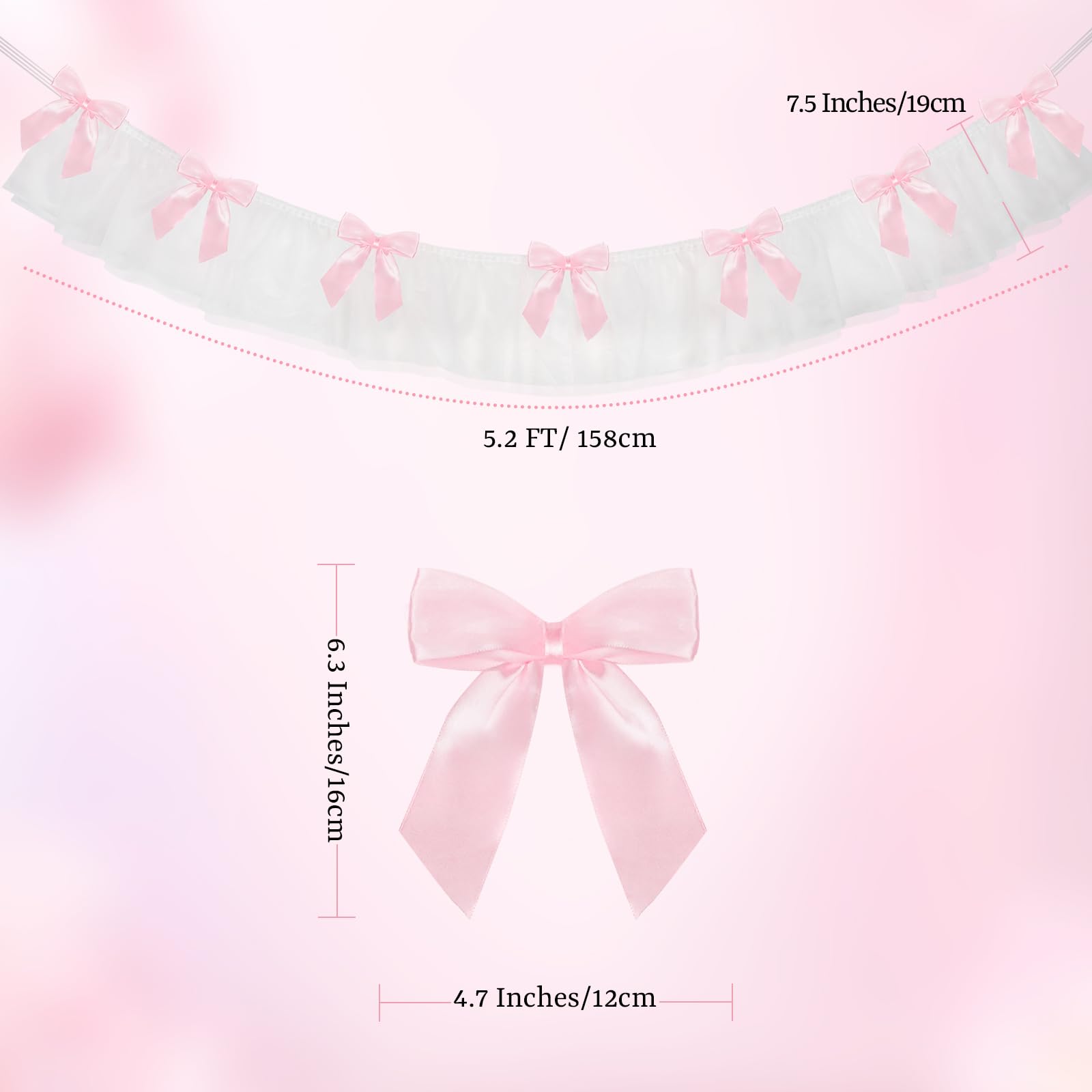Schleife Girlande Banner, Rosa Schleife Geburtstag Party Dekorationen, 1,6 m Spitze und Satinband Schleifen Hängendes Banner mit 7 Schleifen für Kokette Geburtstag Bachelorette Party Hochzeit