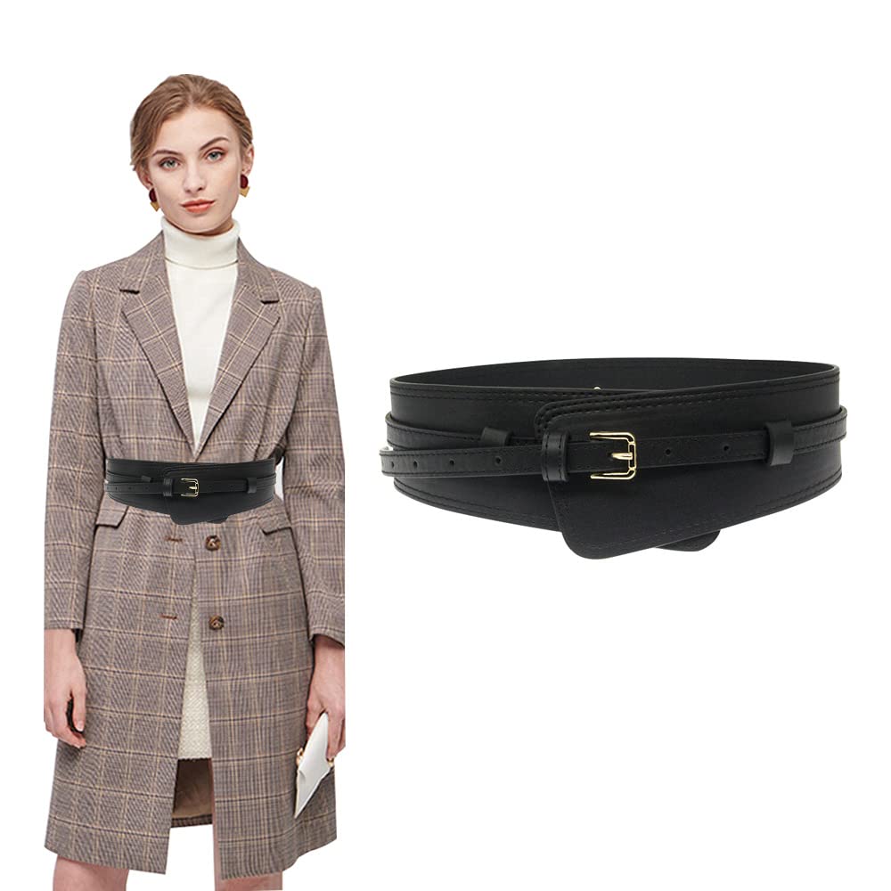 TOEECY Women Wide Waist Belt for Dresses Coat Leather Elastic Double Layer Stretchy Vintage Cinch Belt Waistband (Black)
