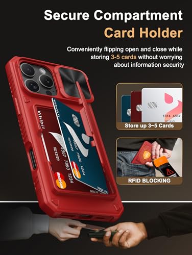 Image of Vihibii for iPhone 16 Pro Max Wallet Case with Card Holder (4 Cards) [RFID Blocking] & Slide Lens Cover & Raised Edges Protect Screen, Shockproof Rugged Phone Cover for iPhone 16 Pro Max, Red